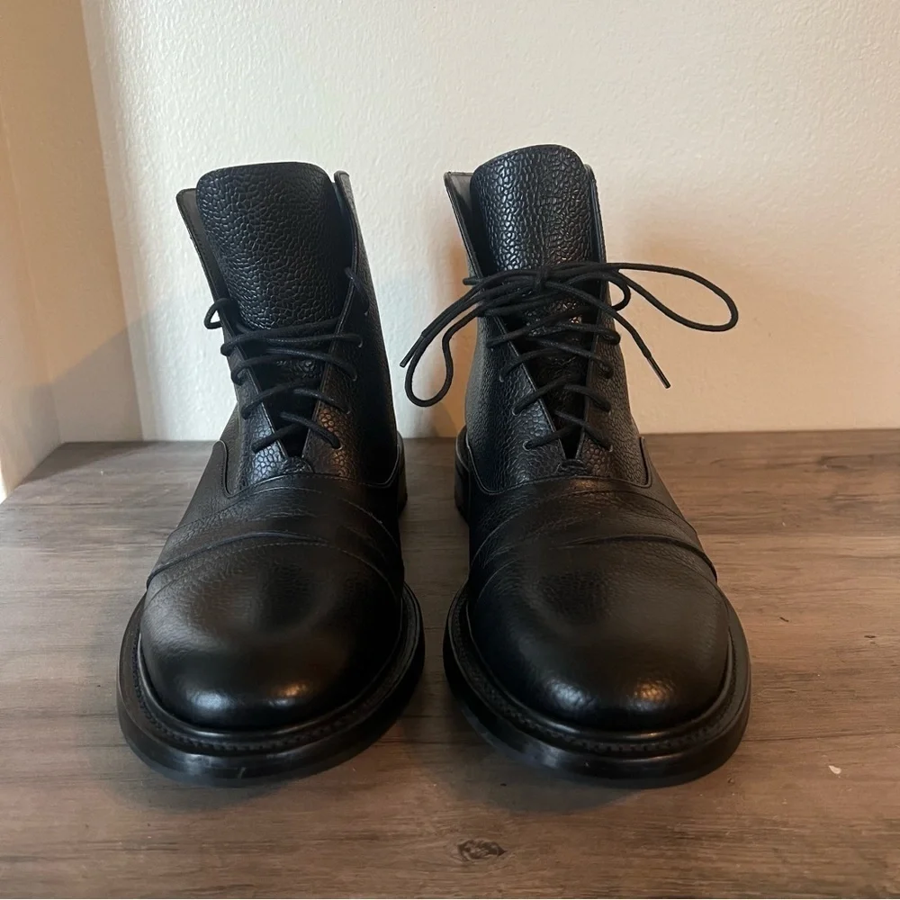 O’Keeffe Black Pebble Leather Lace Up Boots Handcrafted Italy Size UK 9 US 10